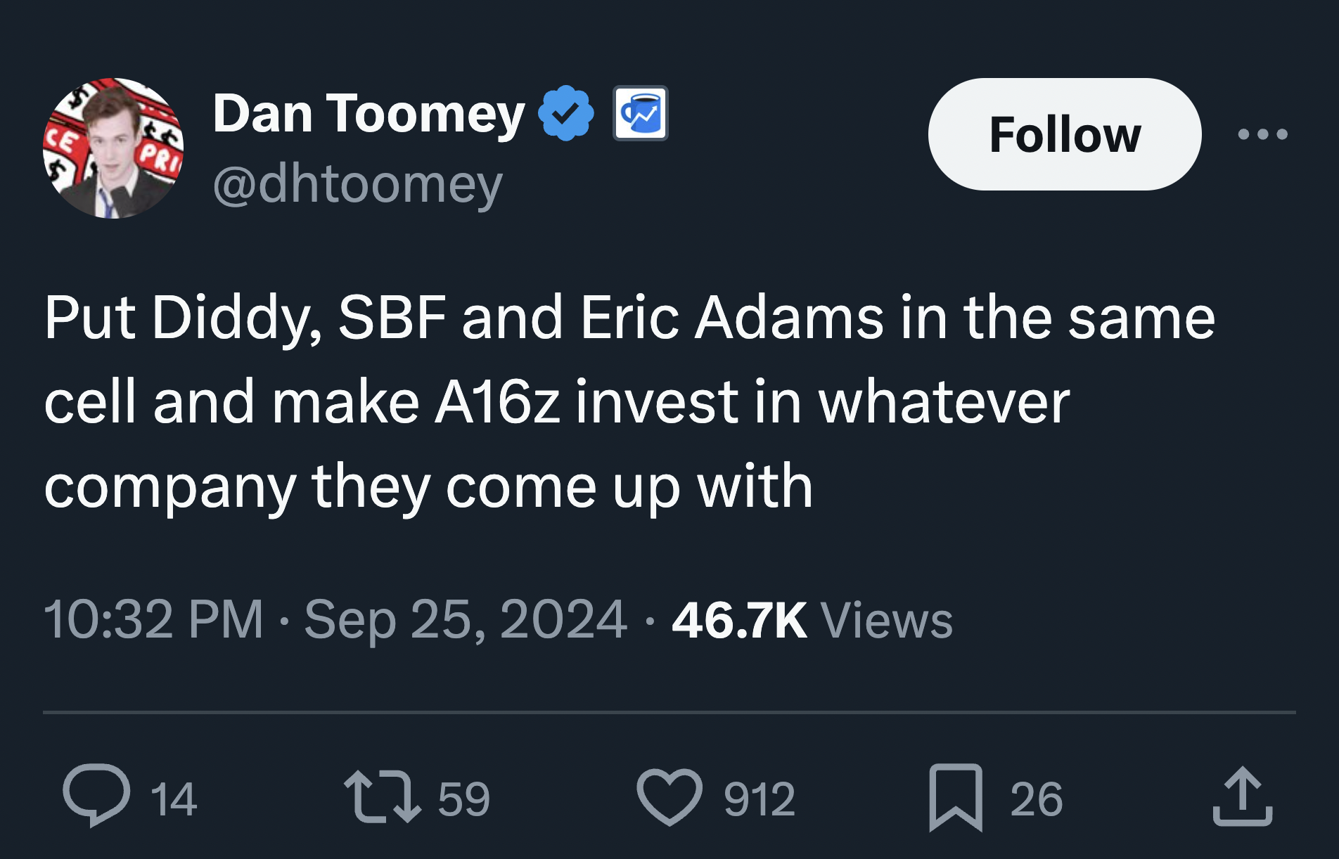 screenshot - Ce Dan Toomey Put Diddy, Sbf and Eric Adams in the same cell and make A16z invest in whatever company they come up with Views 14 1 59 912 26